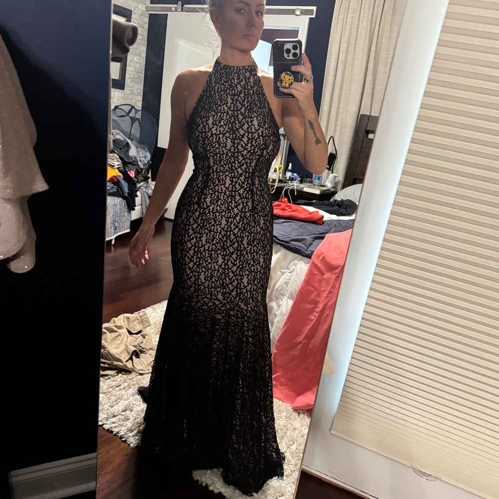 Jovani Black/Nude lace Evening formal prom Gown dress high neck mermaid style